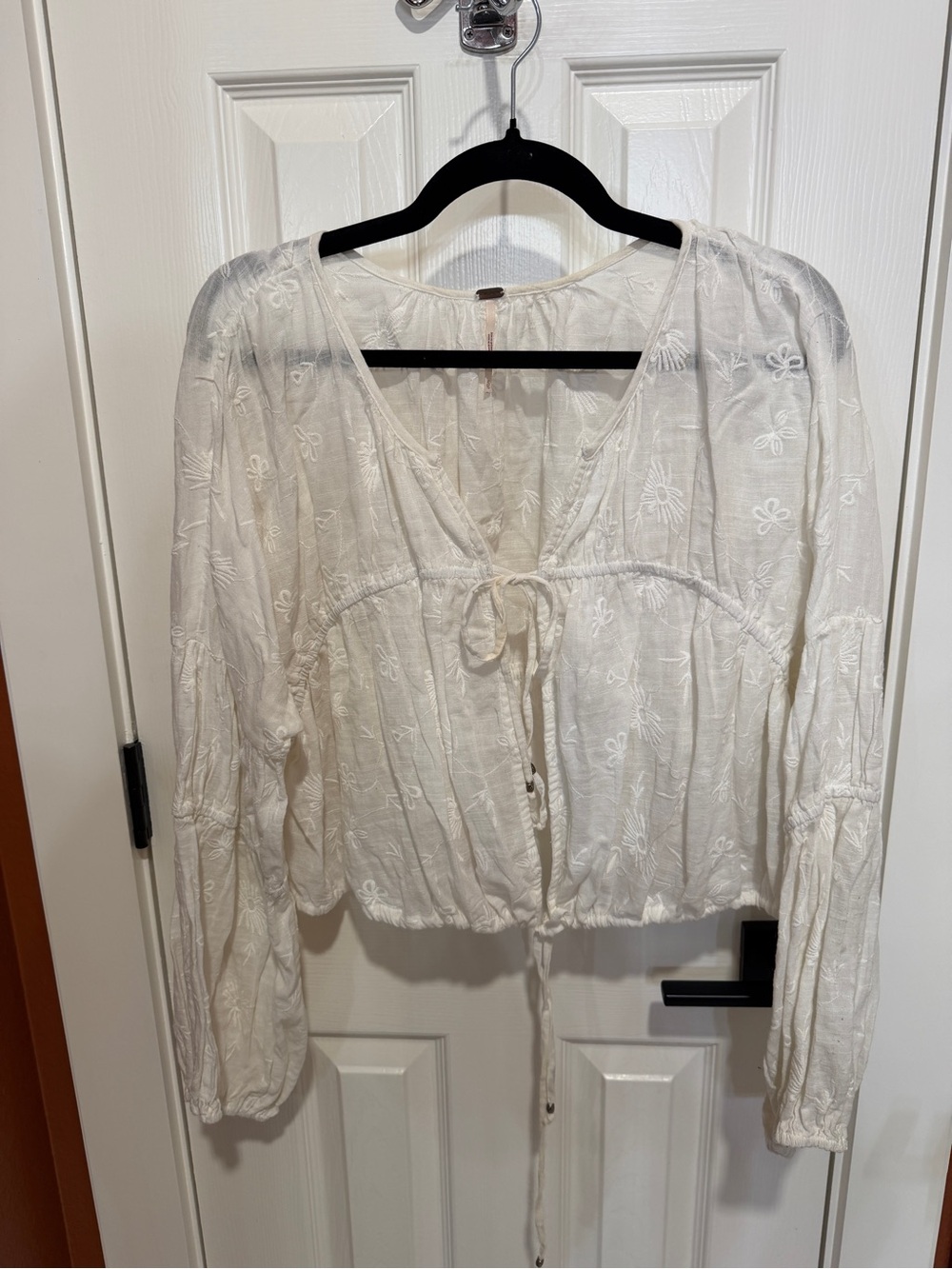 Free People Women's White Embroidered Tie-Front Boho Top